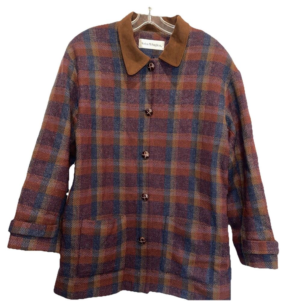 Vintage Norton McNaughton Plaid Pure Wool Jacket Brown Collar Button Front